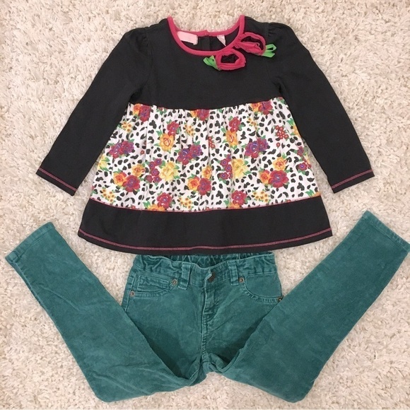 Bundle 2 Pcs Set Little Girls Floral Long sleeve top and Green Velvet Pant - Picture 3 of 16